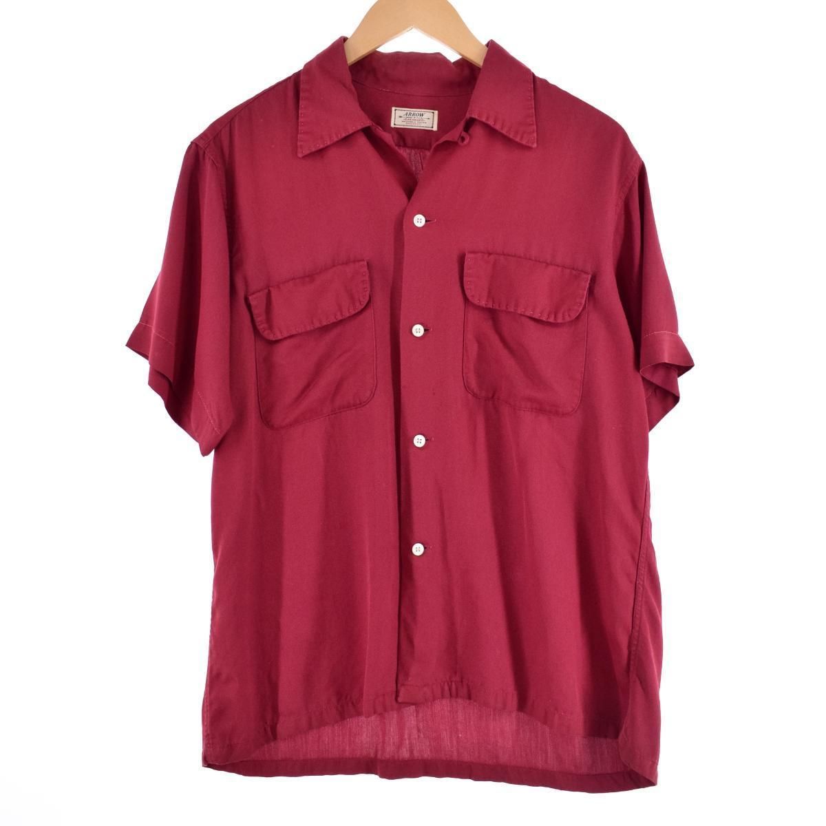 50s ARROW レーヨン ギャバジン シャツ USA製 赤 単色 オリジナル画像は全て必ずご確認下さい
