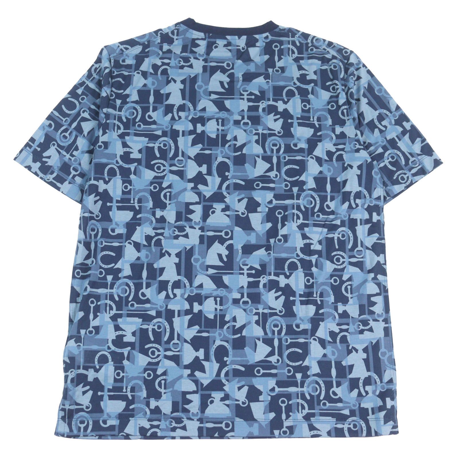 未使用品○HERMES エルメス ホース総柄 ロデオチャーム ホースビット 馬具 クルーネック 半袖Ｔシャツ ブルー系 S 箱付き 正規品 メンズ 未使用品○HERMES エルメス コットン100% ホース総柄 ロデオチャーム