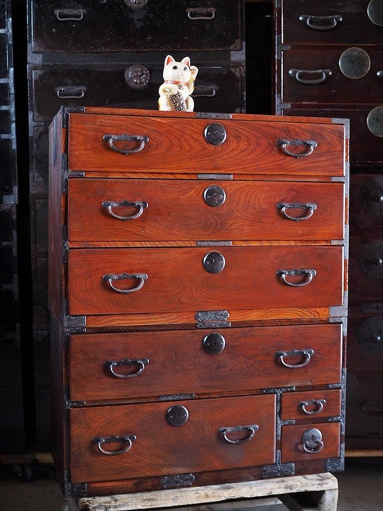 前欅引き出し五杯二段重ねアンティーク箪笥 大正～昭和初期 古録展