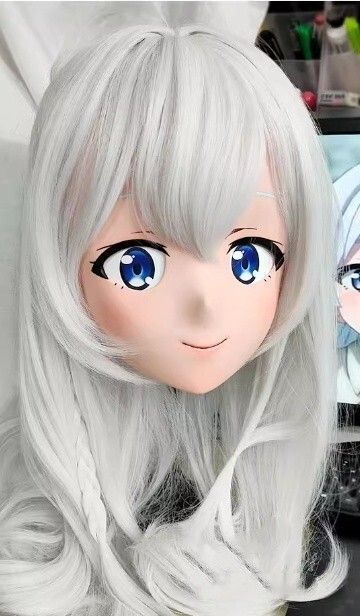 ハーフマスク 眼球付き カツラ付き NO.35 樹脂製 ヘッドロリータ人形 コスプレマスク 変身 仮装 着ぐるみ 二次元美少女