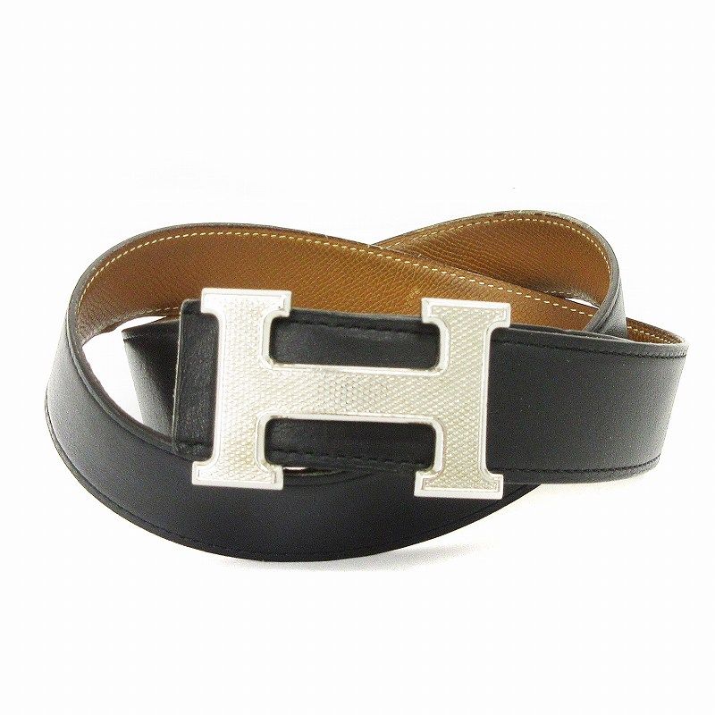エルメス HERMES Hストリエ ベルト レザー バックル リバーシブル T刻印 100 黒 ブラック 茶 シルバー色 AA