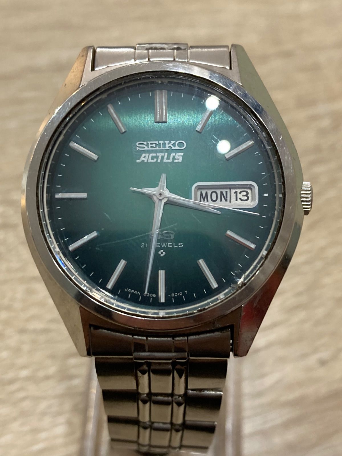 セイコー ACTUS 6306-8020 グリーン文字盤 ☆稼働品 SEIKO ACTUS SS 21JEWELS 6306-8020 希少カラー SEIKO ACTUS