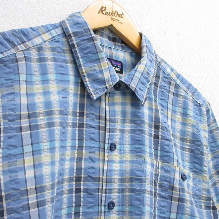 ヨーロッパ古着 patagonia 半袖シャツ L 青系チェック L/古着 パタゴニア patagonia 半袖 シャツ メンズ シアサッカー