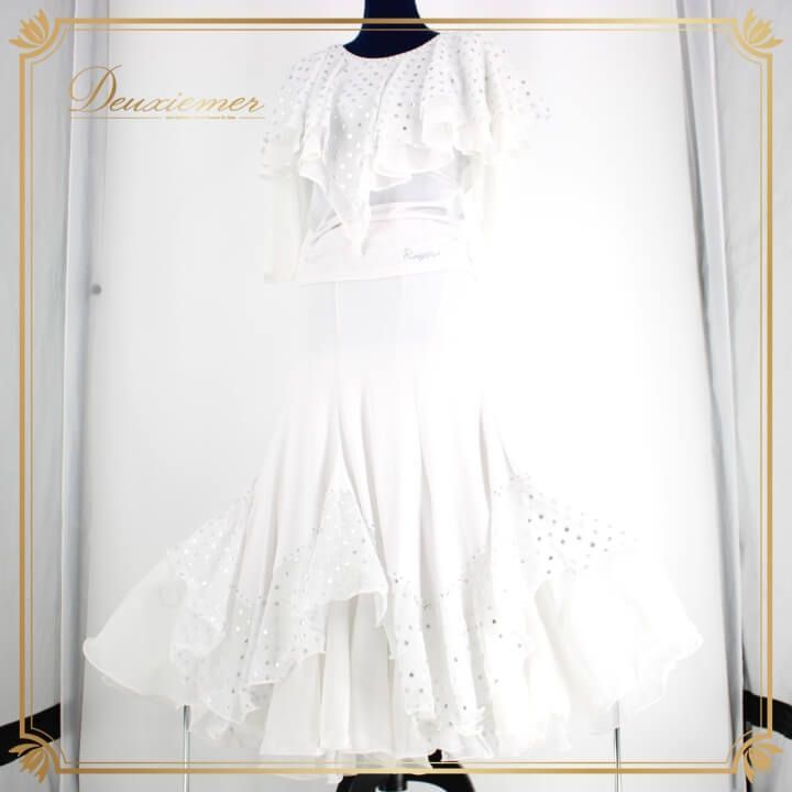 社交ダンス 衣装 スタンダード セットアップ ツーピース レッスンウェア レディース オールシーズン Roger ホワイト系 ドット 水玉 白 長袖 ラインストーン シルバー系 ポリエステル 伸縮性 腰ゴム 女性用 ファッション おしゃれ 別荘 パーティー