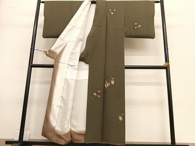 正絹　掛下 付下げ 身丈164cm 裄丈66cm M 袷 霞 草花 灰緑 正絹 秀品 【中古