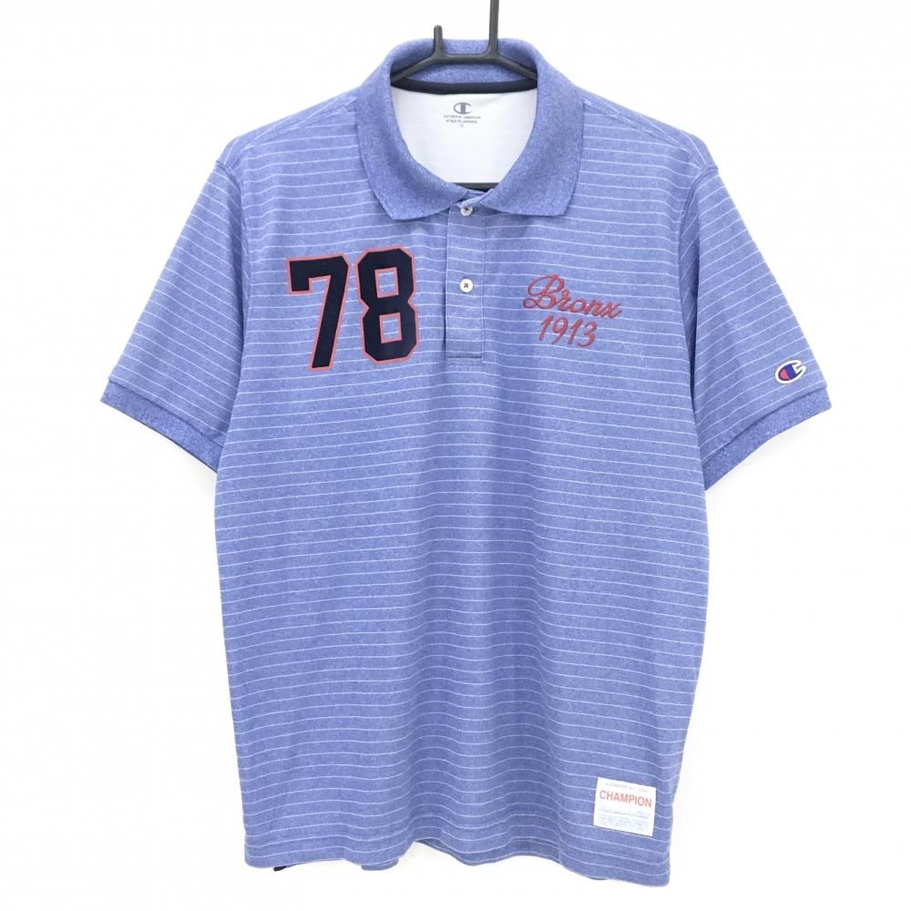 Champion - Champion チャンピオンゴルフ ロゴ 半袖 ポロシャツ ゴルフ ウェア 超美品】チャンピオン 半袖ポロシャツ 杢ブルー×白 ボーダー