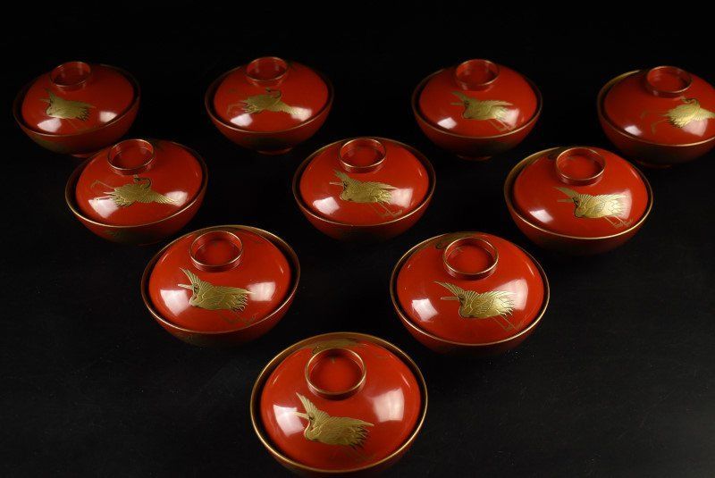 蔵A3783】時代 木製朱塗内金地 蒔絵鶴亀文 吸物椀 汁椀 十客
