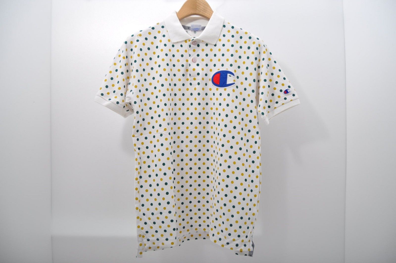 中古 メンズ チャンピオンゴルフ Champion 半袖ポロシャツ M 白×緑系 ドット 水玉
