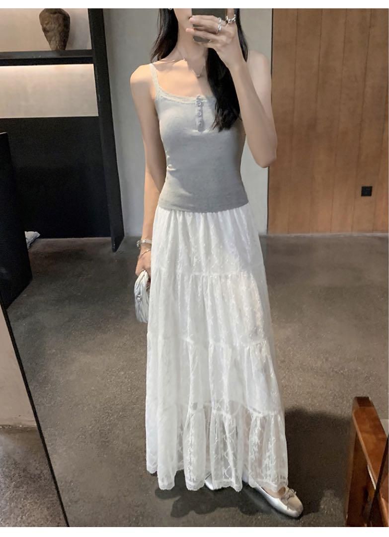 ホワイトレースロングスカート 妖精可愛いメッシュケーキスカートモテ服