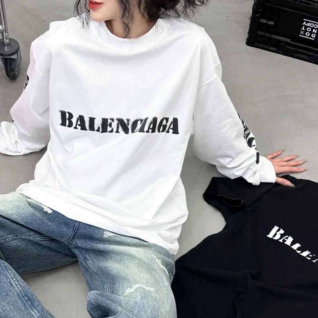 Balenciaga バレンシアガ 24ss両面ぼかし文字ロゴプリントカップル丸首長袖Tシャツ