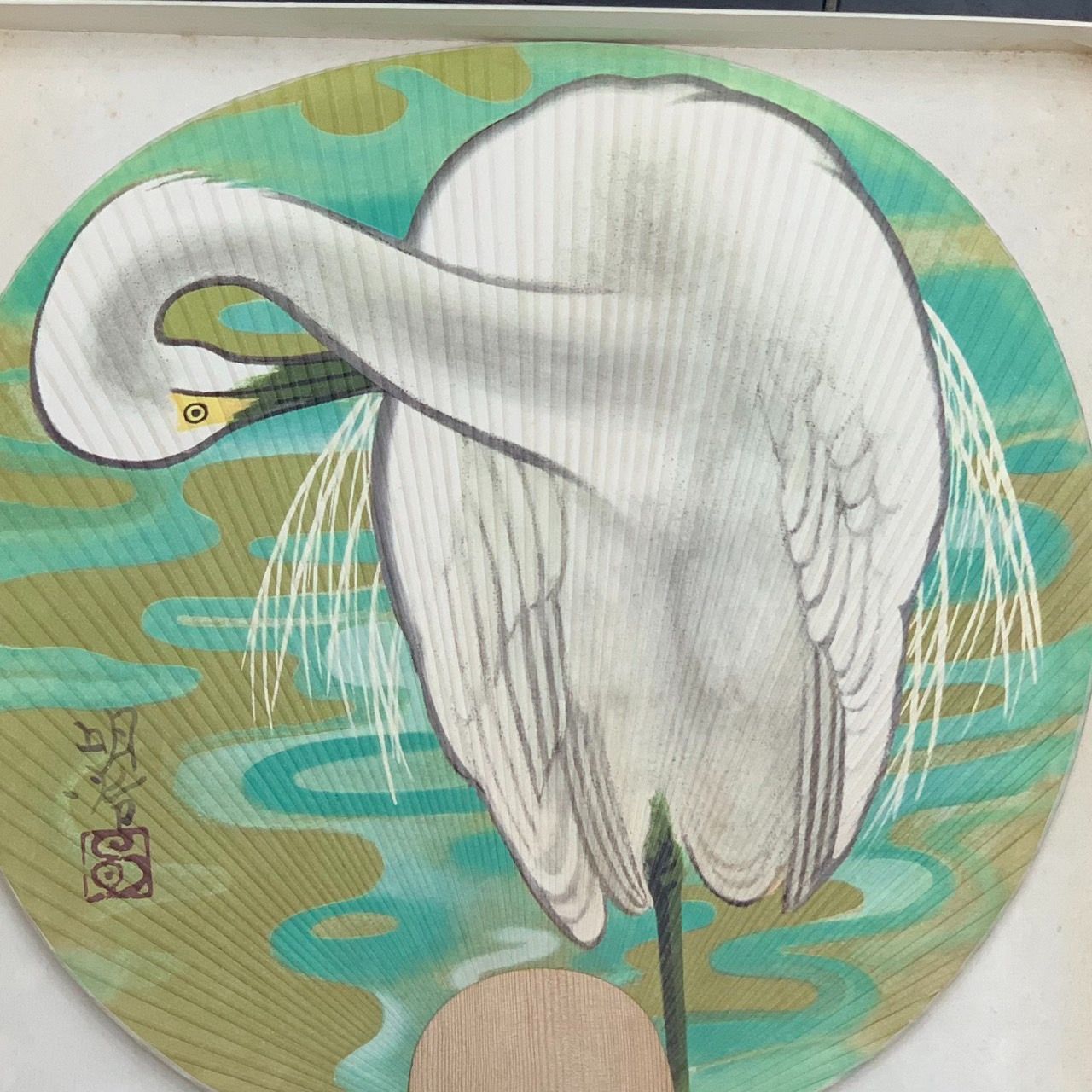 高島屋大うちわ額装品　日本画　橋本明治　白鷺の絵柄のうちわ（フレーム付き） 高島屋名物 大うちわ 白鷺 橋本明治筆 団扇 昭和レトロ|mercari