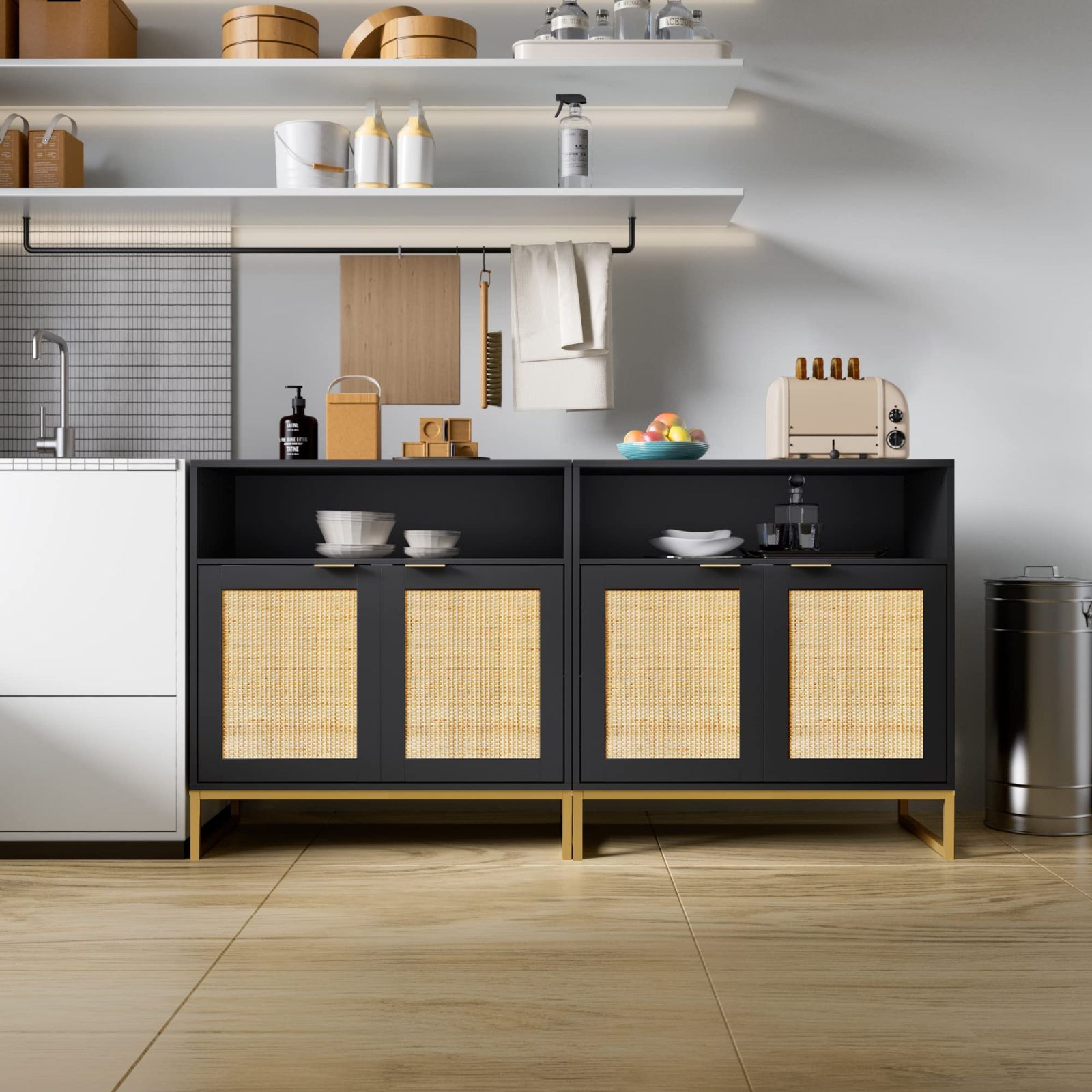 収納スペース 下駄箱 食器棚 本棚 衣類収納 藤編み 洋服収納 引き出し付き 多用途 自然木 扉付き ブラック ラック 黒い 金属脚 収納棚 キッチン リビング サイドボード ベッドルーム タンス 廊下 玄関 チェスト 転倒防止装置あり キャビネット 組合式 MARWIL-DEMENAGEMENTS_CH