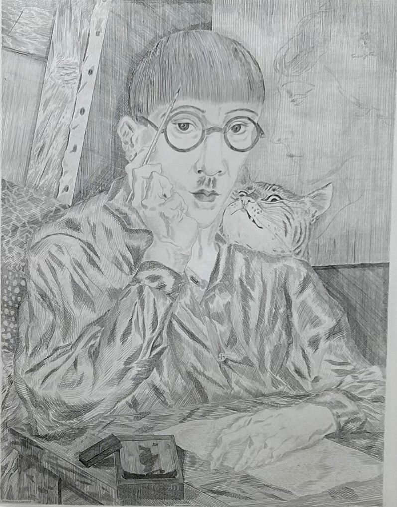 藤田嗣治『猫と自画像』銅版画(カルコグラフィー) - メルカリ