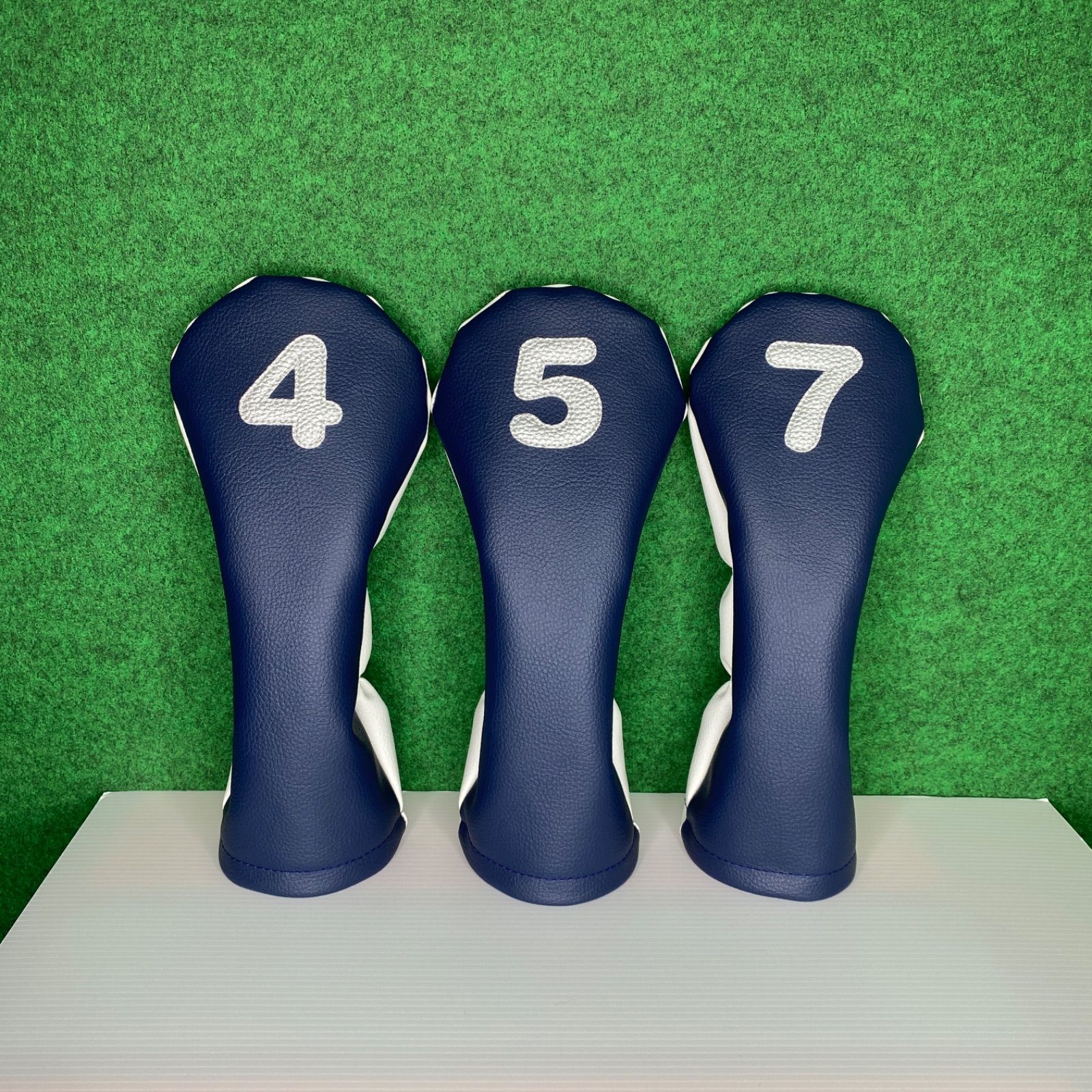 ハンドメイド 1 2 4 5 7 X ゴルフクラブ用ヘッドカバー ダークネイビー×マットホワイト×シルバー 合皮 フェイクレザー LLC-HASEGAWATOSO_COM