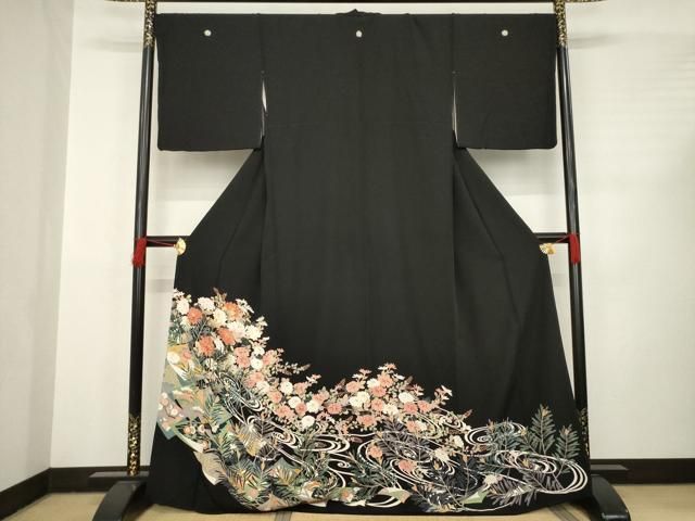 平和屋着物●豪華黒留袖 色紙重ね流水花文 正絹 AABC6116ck