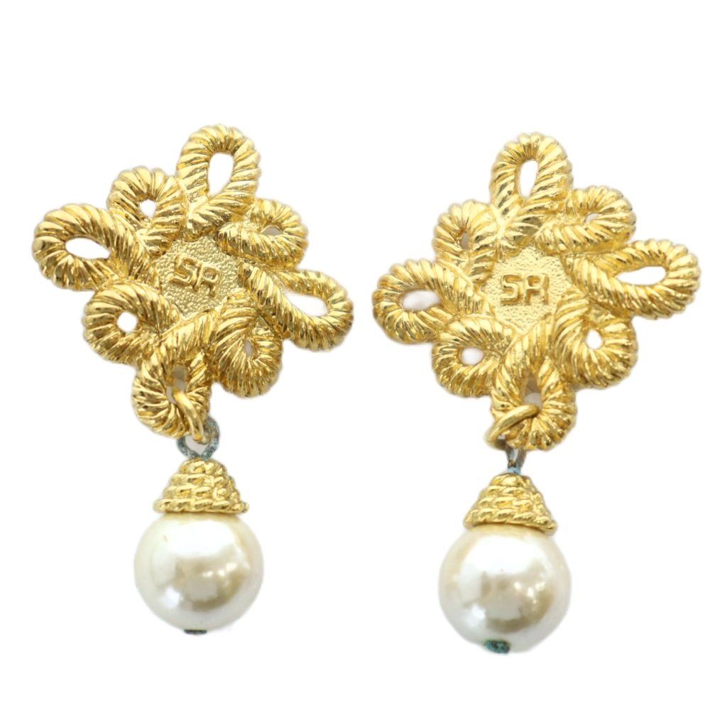 ソニアリキエル SONIA RYKIEL ヴィンテージ イヤリング アクセサリー クリップ式 両耳用 SRロゴ フェイクパール ゴールドカラー 金色 GY11 |MQ