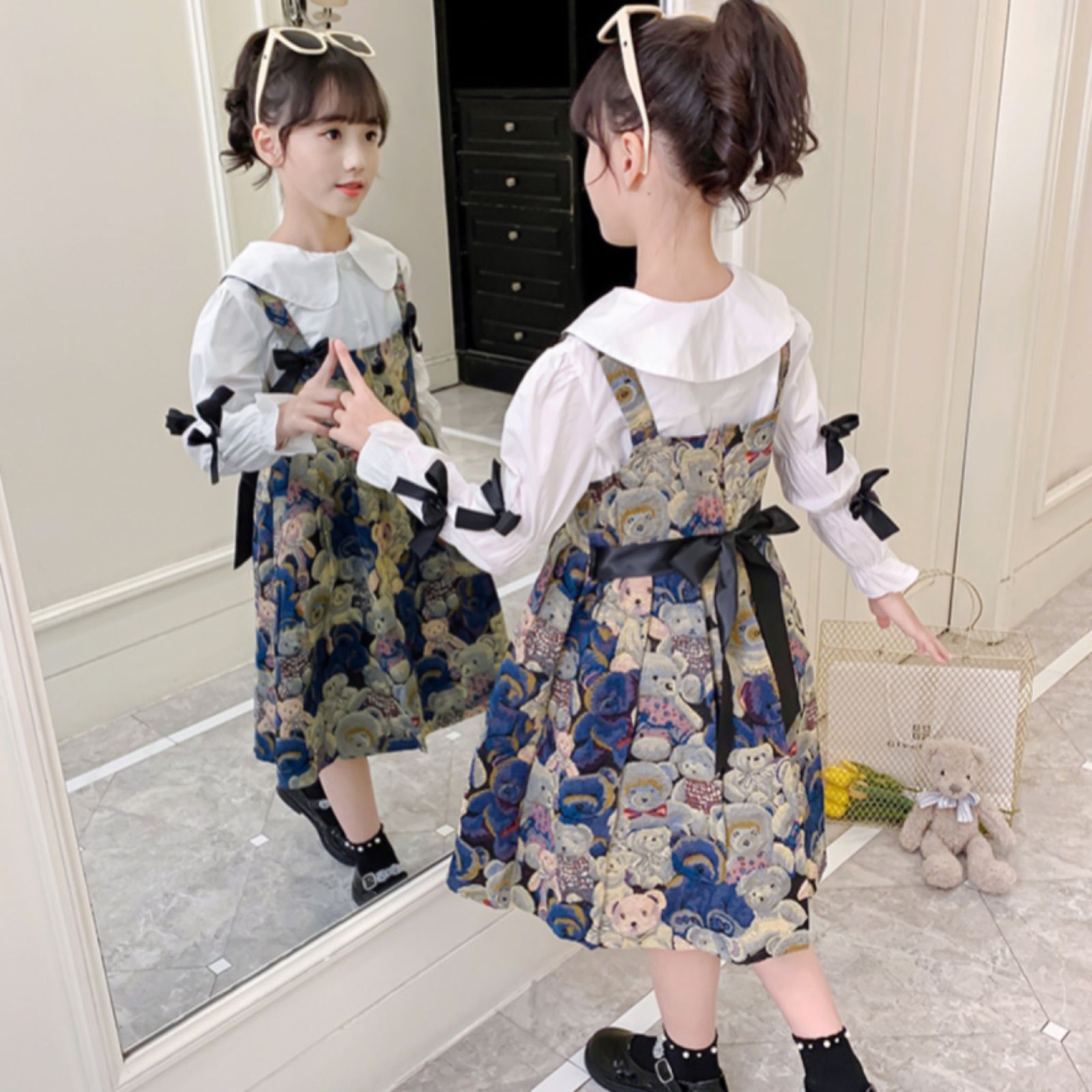 【残り1点限り】韓国子供服 120 女の子 ドレス セットアップ ワンピース スカート キッズ服 上下セット 白 シャツ