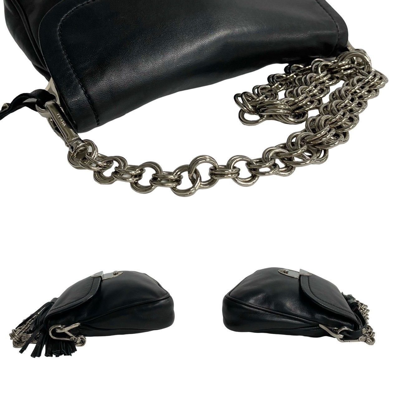 PRADA 黒 レザー フリンジ ポシェット 極 美品 希少品 PRADA プラダ フリンジ レザー 本革 ミニ