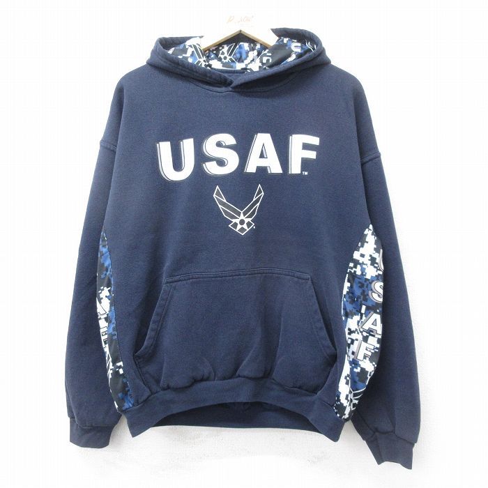 XL/古着 長袖 スウェット パーカー メンズ ミリタリー USエアフォース USAF 紺他 ネイビー 24sep11 中古 スエット トレーナー トップス