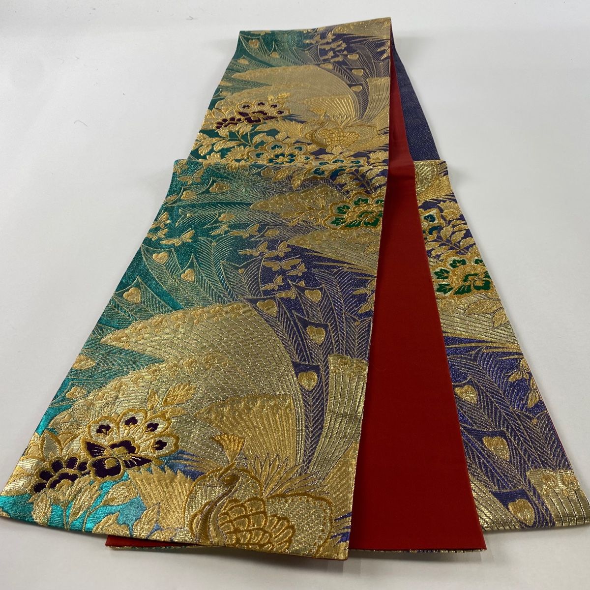袋帯 美品 秀品 振袖向け 孔雀 草花 金糸 金彩 青緑 六通 正絹 袋帯 美品 秀品 振袖向け 孔雀 草花 金糸 金彩 青緑 六通 正絹