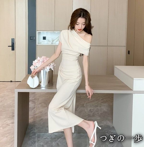 オフショルダーロングタイトドレス 結婚式 パーティー ドレープ美しい 美品・未使用新品】オフショルダーロングタイトドレス 結婚式