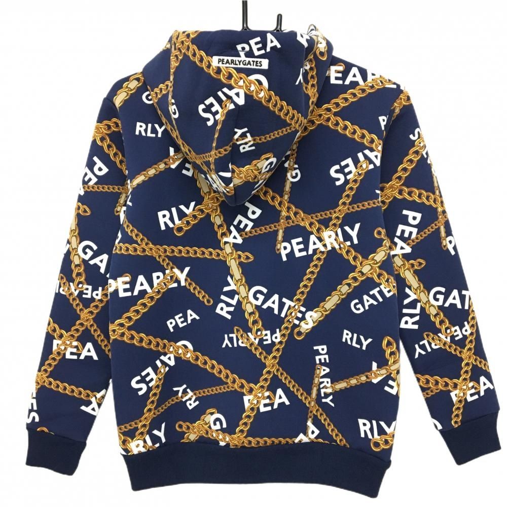 パーリーゲイツ ジップパーカー ネイビー×ゴールド チェーン柄 ロゴ刺しゅう レディース 0 S ゴルフウェア PEARLY GATES