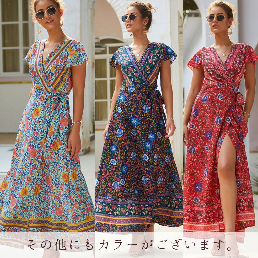 レトロフラワー ロング ワンピース 半袖 リゾート 夏 韓国 n3495 ワンピース 花柄 半袖 Vネック シフォン リゾートワンピ ロング