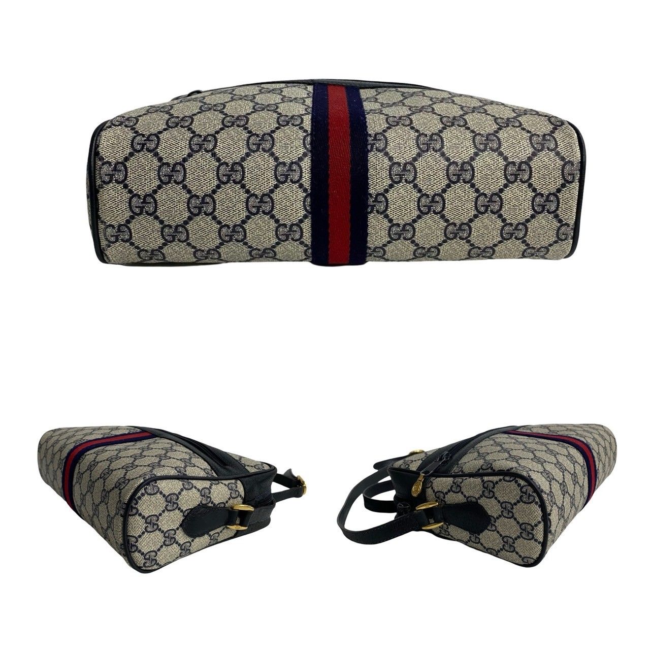 極 美品 GUCCI グッチ オールドグッチ ヴィンテージ シェリーライン GG ロゴ 金具 レザー ショルダーバッグ ポシェット ネイビー 296-2