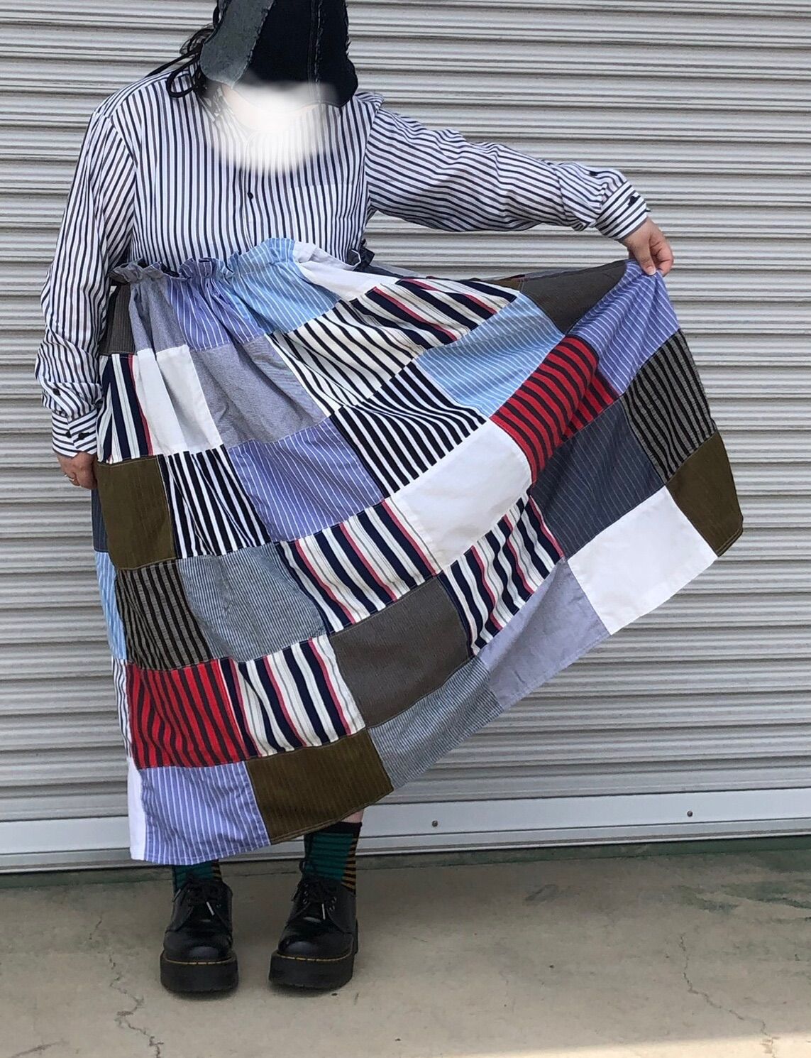 ストライプギャザーワンピース ストライプロングスリーブ