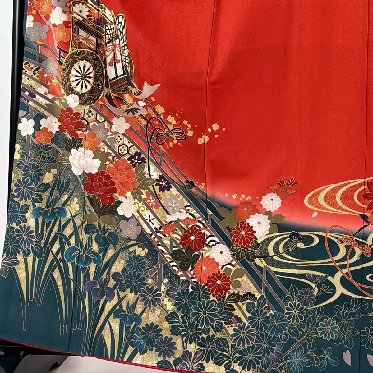 振袖 身丈161.5cm 裄丈68.5cm L 袷 御所車 枝梅 金糸 金銀彩 赤 正絹