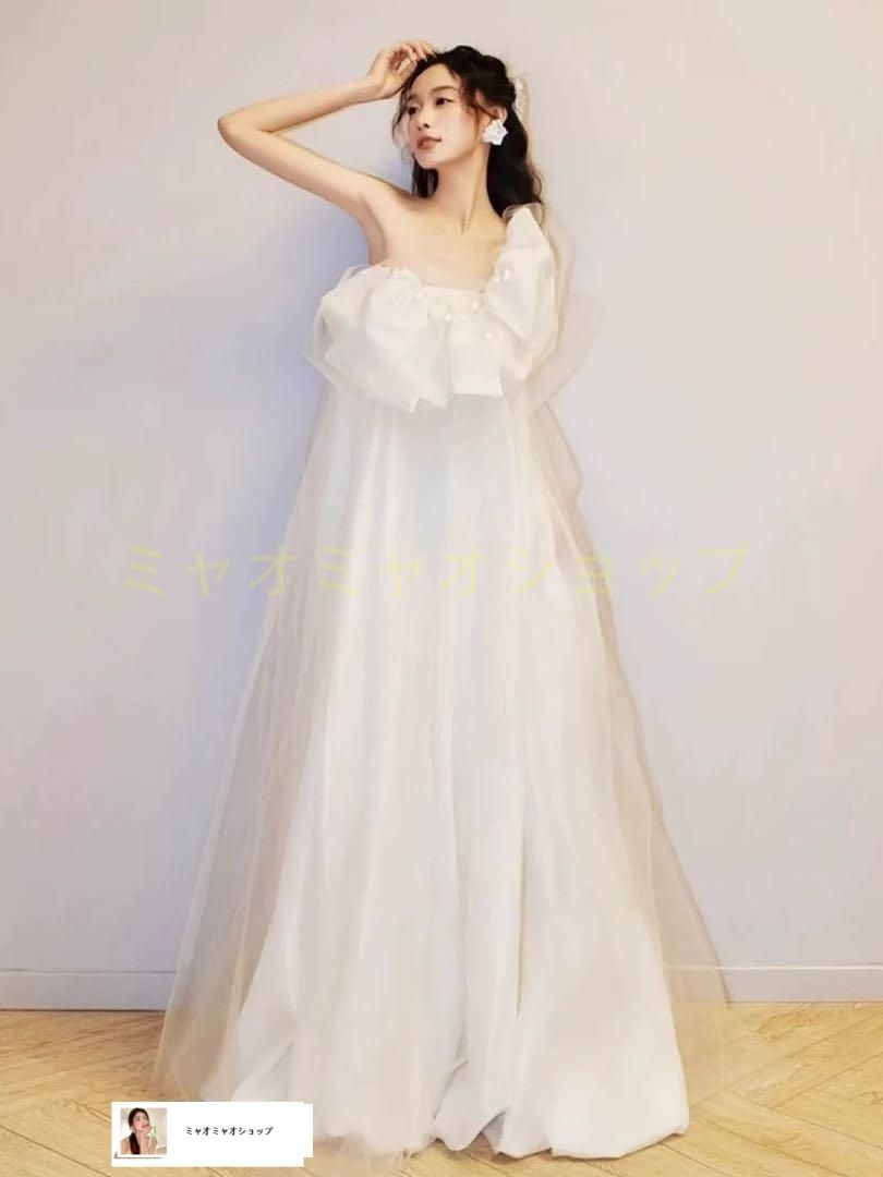 大きなリボン付ウェディングドレス?パールが可愛い結婚式用マタニティOK