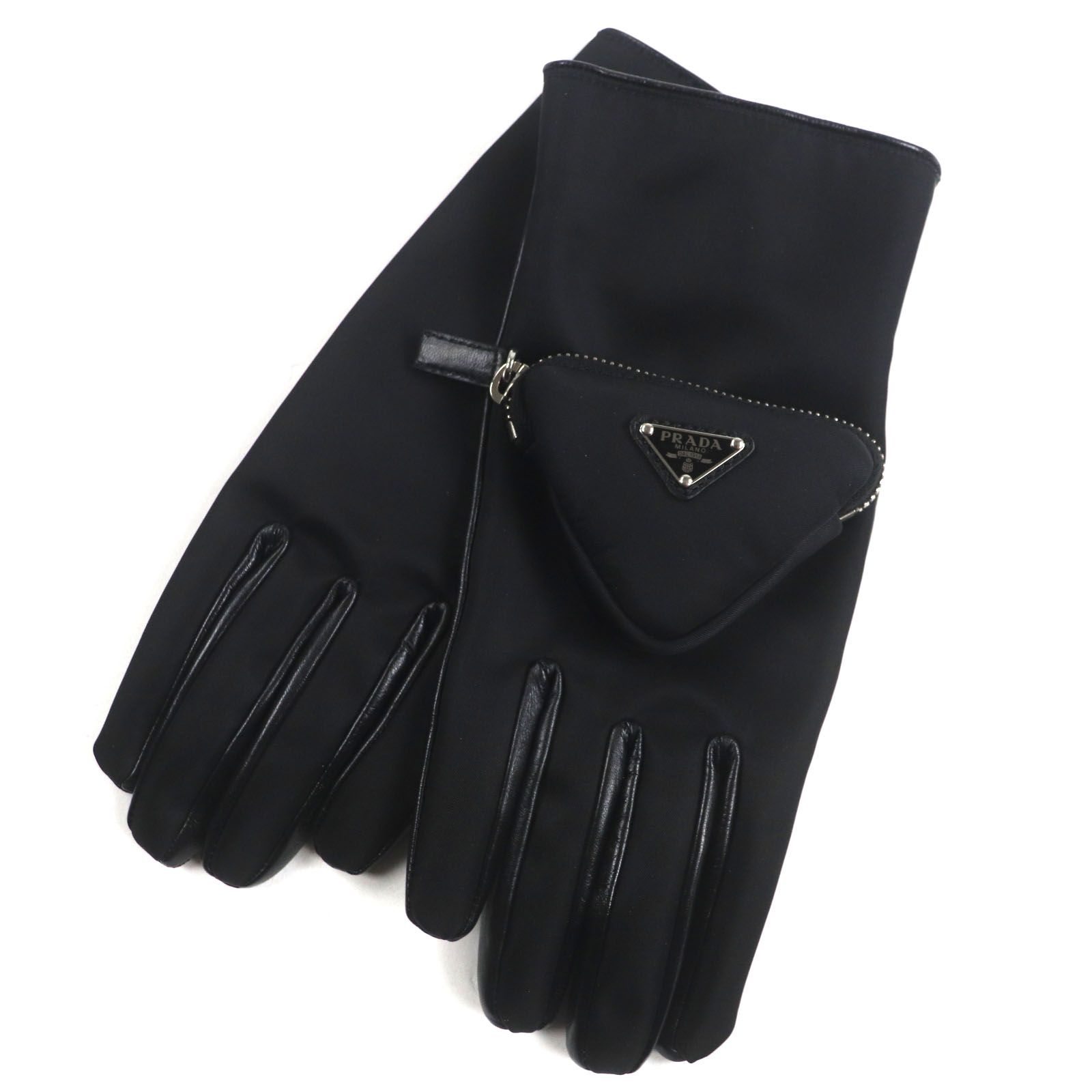 PRADA プラダ 2GG137 ラムレザー 裏地カシミヤ トライアングルロゴ 三角プレート グローブ 手袋 ブラック シルバー金具 8 き イタリア製 正規品 メンズ