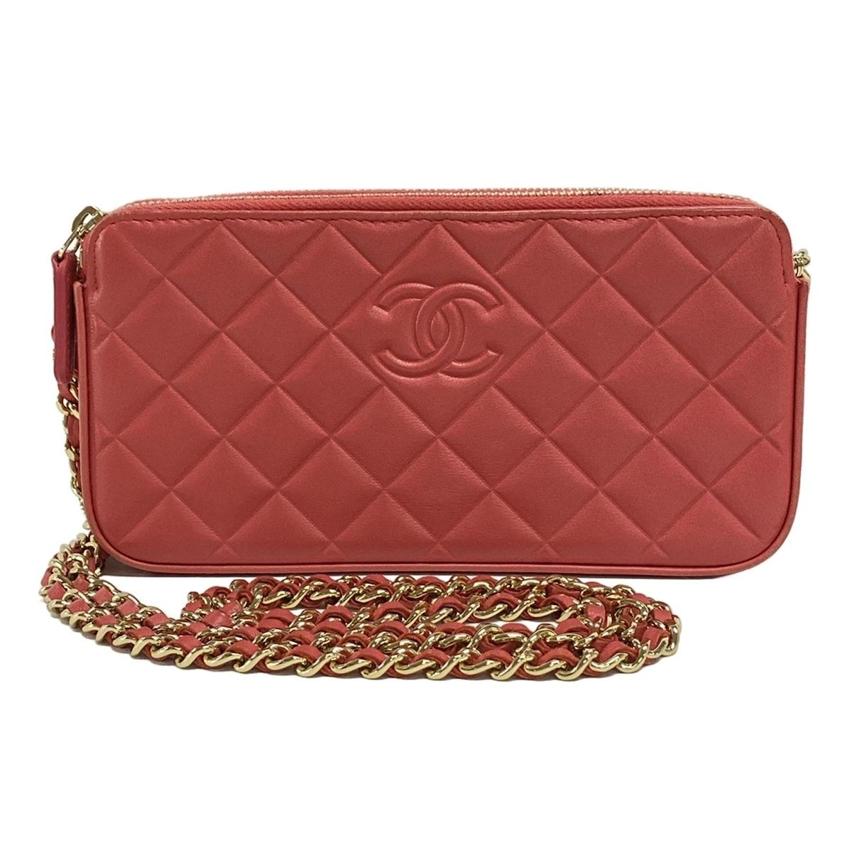 CHANEL シャネル 財布 マトラッセ|ダイヤモンドCC ピンク チェーンウォレット|ゴールド金具 ラムスキン