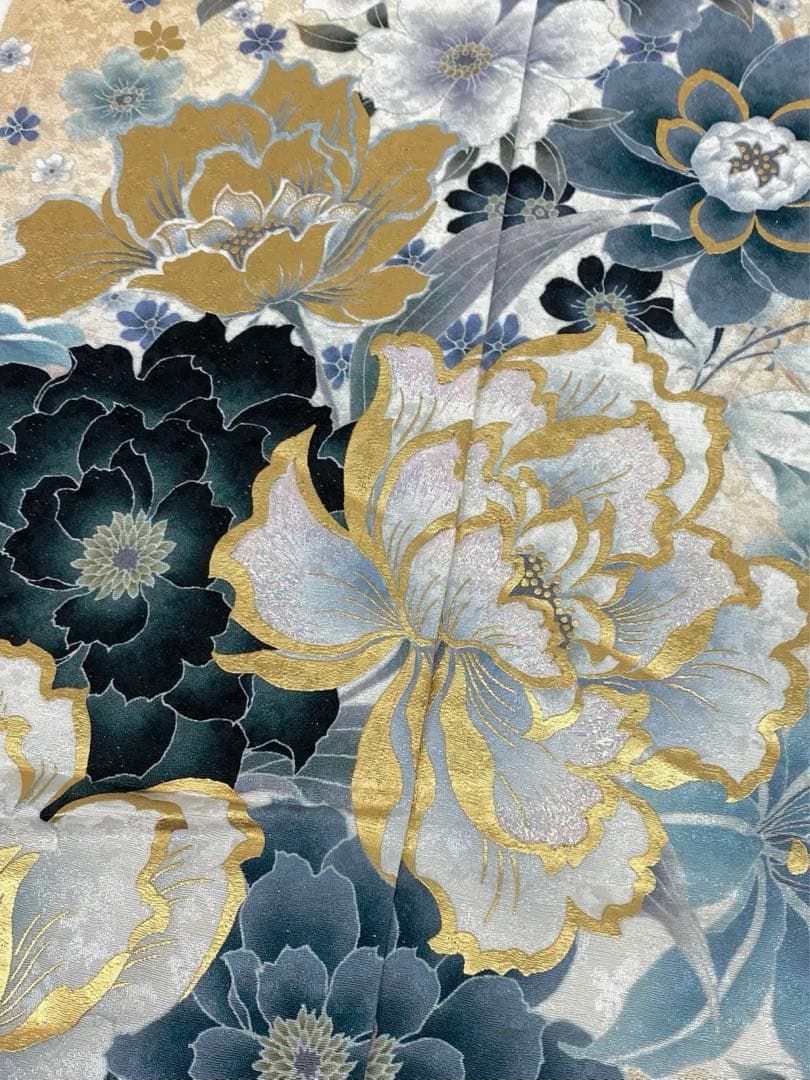 振袖 仮絵羽 銀通し 刺繍 金彩 紋意匠 牡丹 薔薇 正絹 未仕立て品 八掛