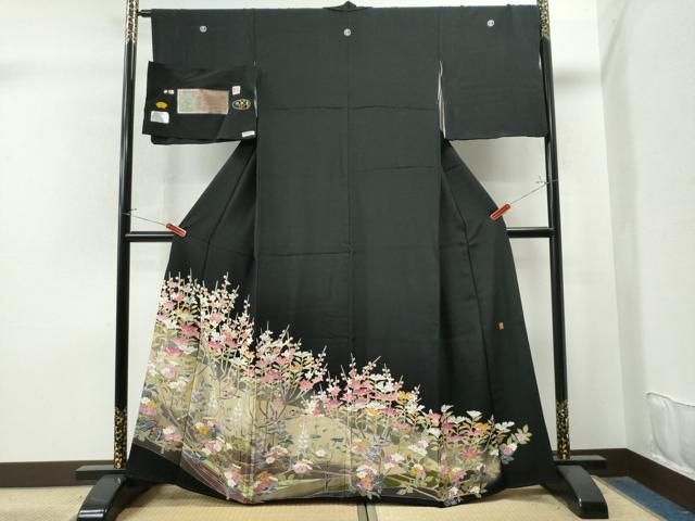 平和屋着物●豪華黒留袖　友禅　作家物　花鳥文　暈し染め　正絹　逸品　DAAV4904ud 平和屋着物○豪華黒留袖 友禅 作家物 花鳥文 暈し染め 反端付き 正絹
