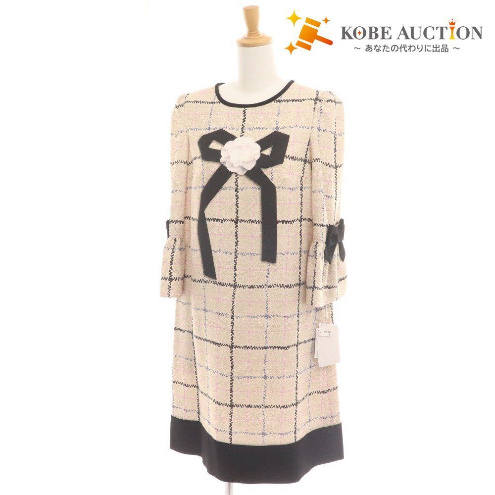 美品　エムズグレイシー　七分袖ワンピース　ウール　チェック　ネイビーオレンジ 美品 エムズグレイシー 七分袖ワンピース ウール チェック