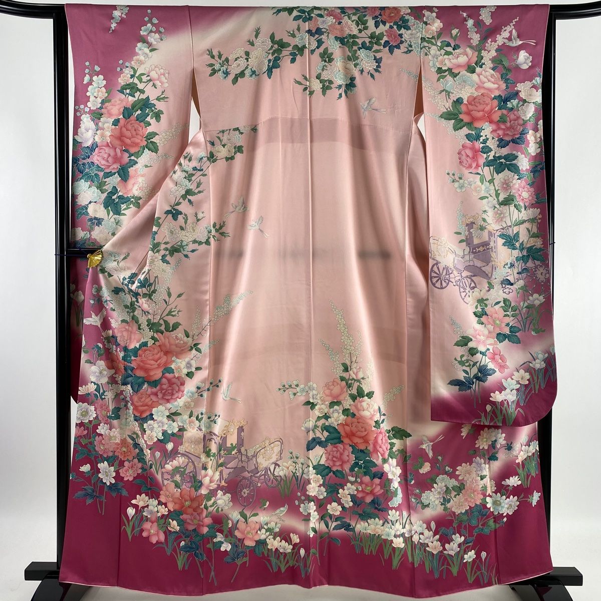 振袖 美品 秀品 鳥 草花 銀彩 ぼかし ピンク 袷 身丈161cm 裄丈64.5cm