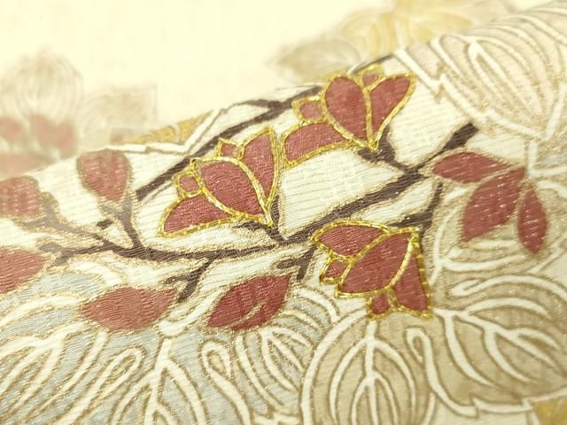 平和屋本店□極上 江戸友禅 小倉貞右 九寸名古屋帯 駒刺繍 枝葉蕾文  
