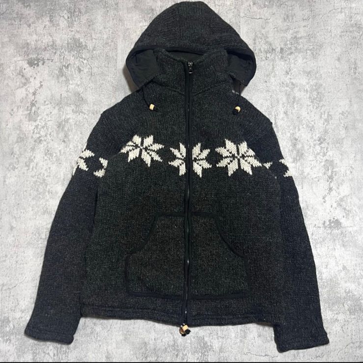 ニット フーディ ジップアップ パーカー フリース フード取外 ウール 肉厚 ニットジャケット