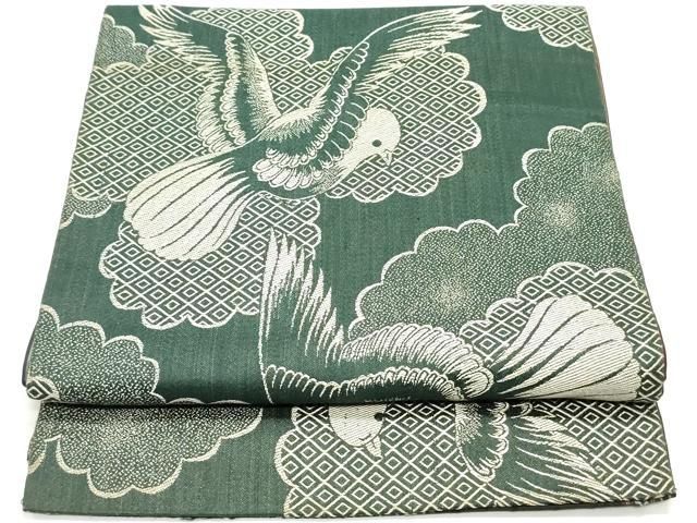 平和屋着物 アンティーク 大正ロマン 両面 全通柄京袋帯 雲取り飛鳥文 正絹 ob