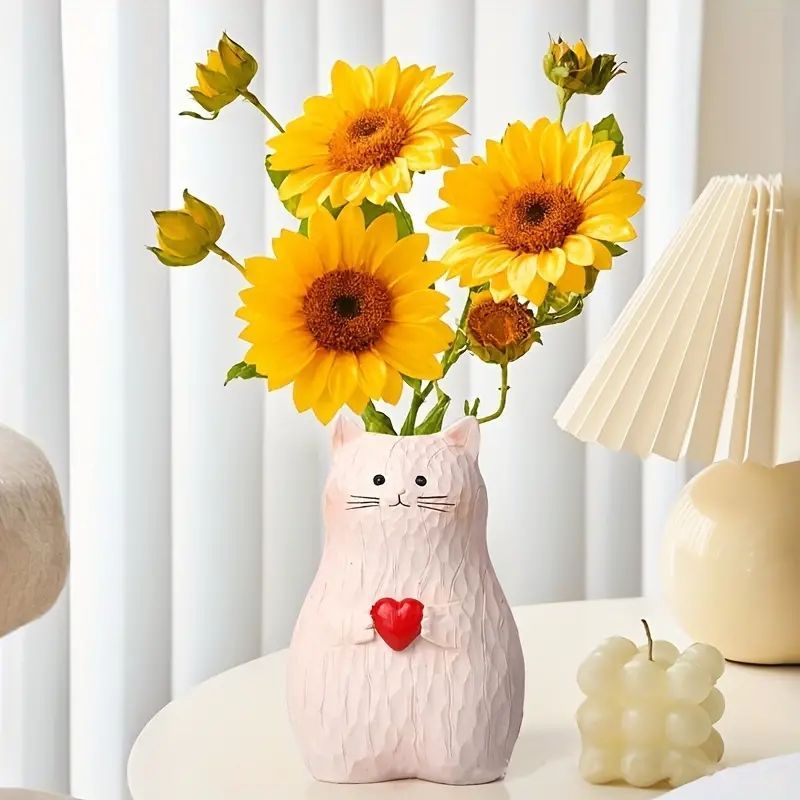 モダンな漫画猫のつぼみ花瓶、樹脂製のハートキティ装飾花瓶、円筒形の漫画猫の置物プラントホルダー、ホームデコレーション用