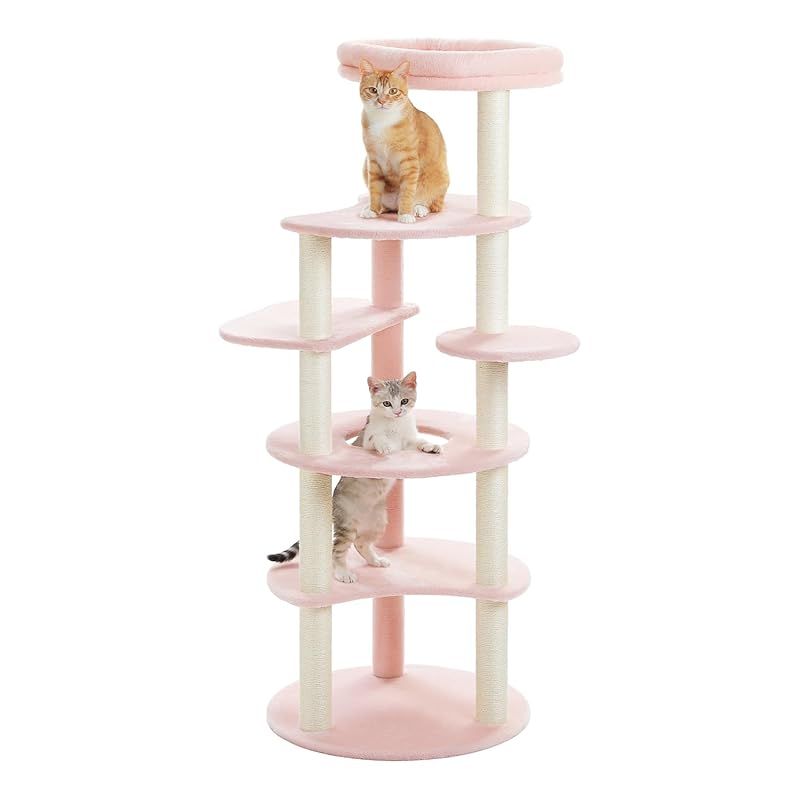 PETEPELA ぺテぺラ キャットタワー スリム 大型猫 猫タワー 多頭飼い 据置 爪とぎ 麻紐 おもちゃ おしゃれ 桜の花 かわいい おしゃれ コンパクト 省スペース 人気 安定 運動不足解消 倒れ防止策 - ピンク 高さ154cm 0