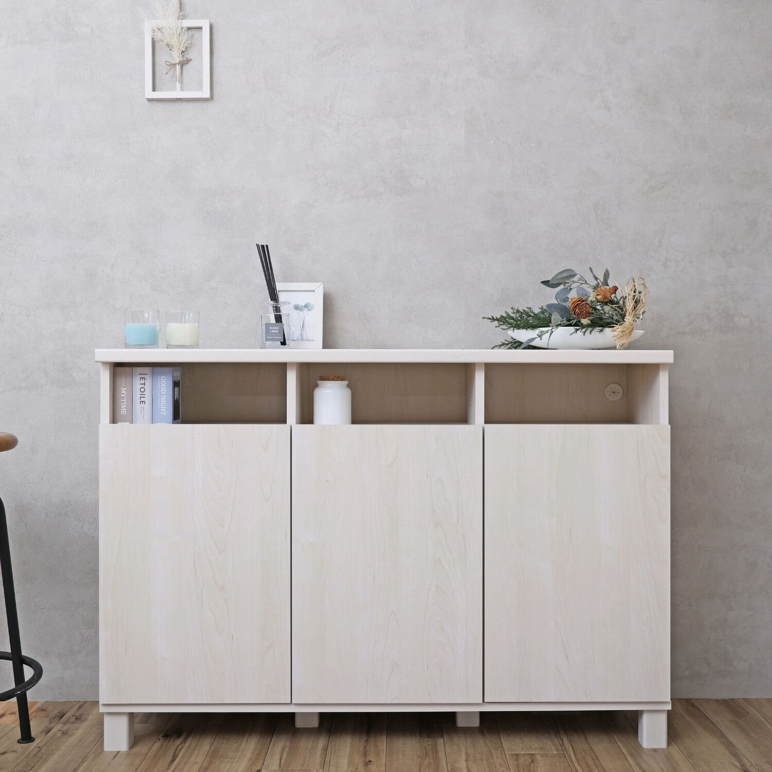 ♪日本製 カウンター キャビネット ホワイト 幅110cm 収納家具 リビング収納 おしゃれ 組立式 取手なし ナチュラル 木製 ウッド