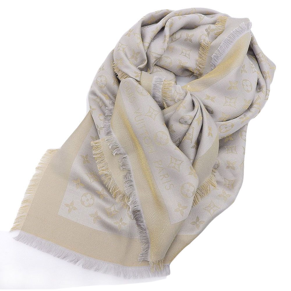 ルイヴィトン　 ショール　モノグラム　シャイン 　スカーフ アイボリー シルク 本物保証】 超美品 ルイヴィトン LOUIS VUITTON ショール モノグラム