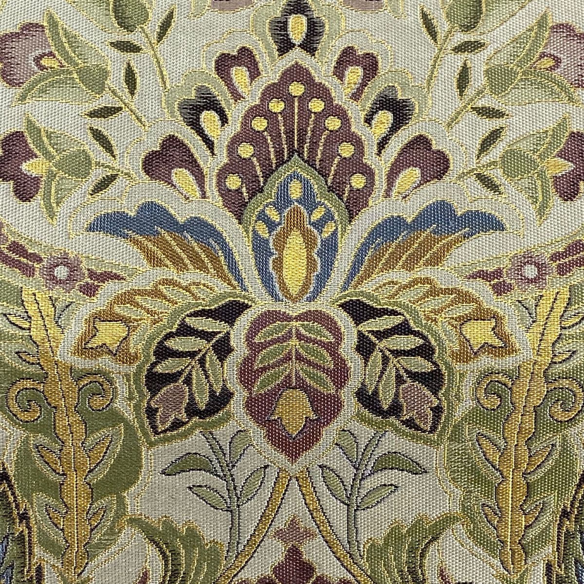 袋帯 落款 証紙 博多織 草花 箔 灰色 全通 正絹