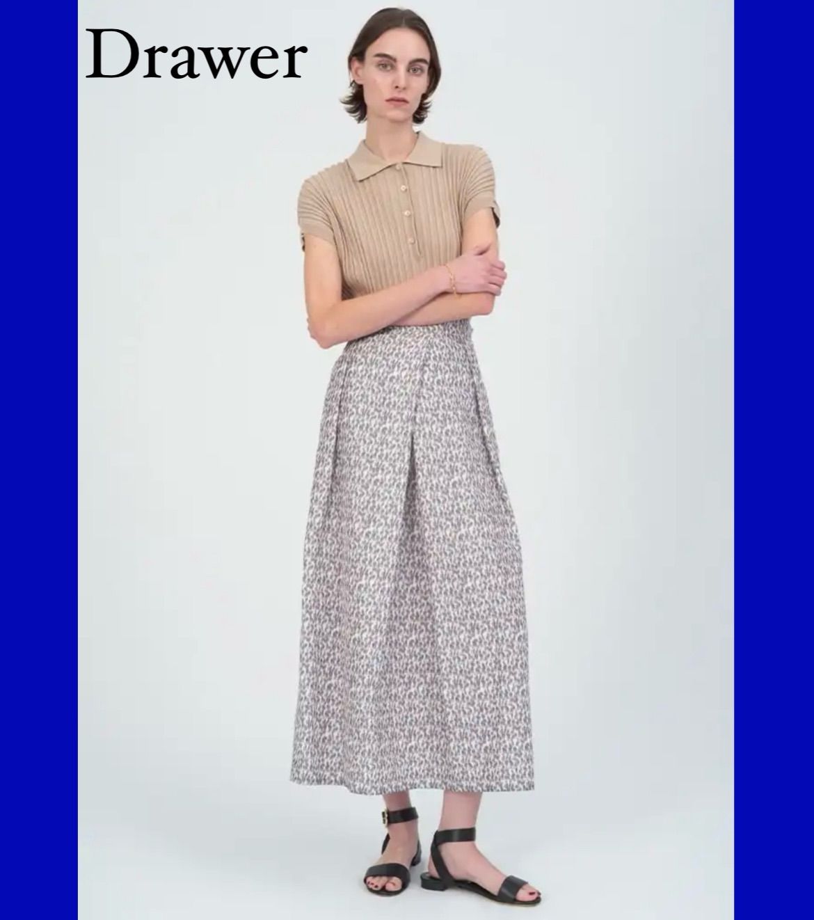 未使用 Drawer ドゥロワー レオパード プリント ロングスカート リネン混 未使用 Drawer ドゥロワー レオパード プリント ロングスカート