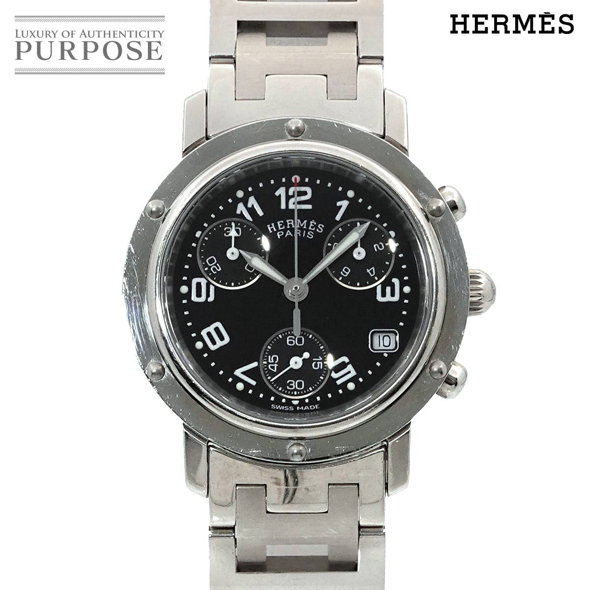 エルメス HERMES クリッパー クロノグラフ CL1 310 ヴィンテージ レディース 腕時計 デイト ブラック クォーツ Clipper 90275862