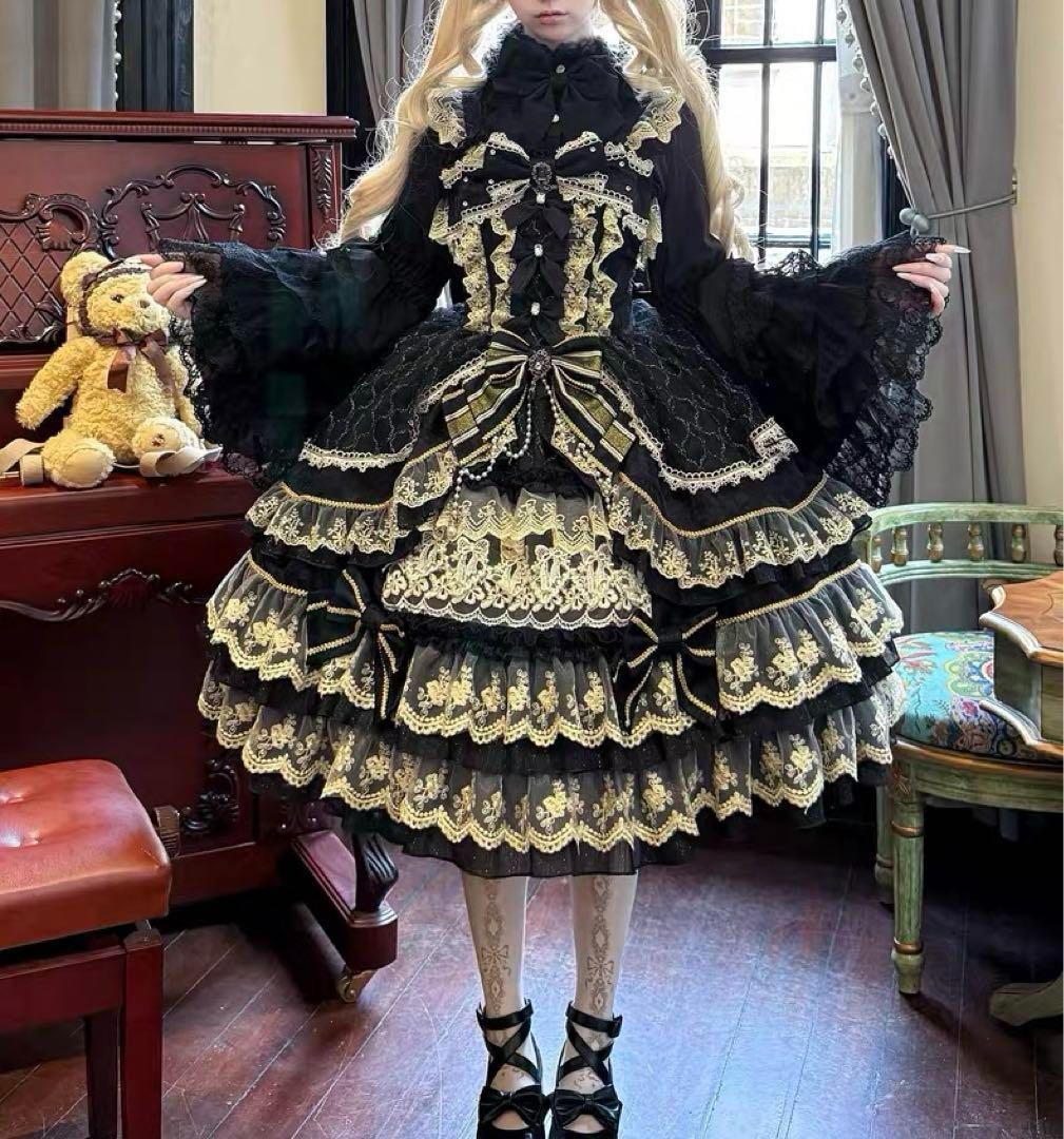 可愛いプリンセススカートコスプレロリータ ワンピースリボン装飾 豪華な多層フリル