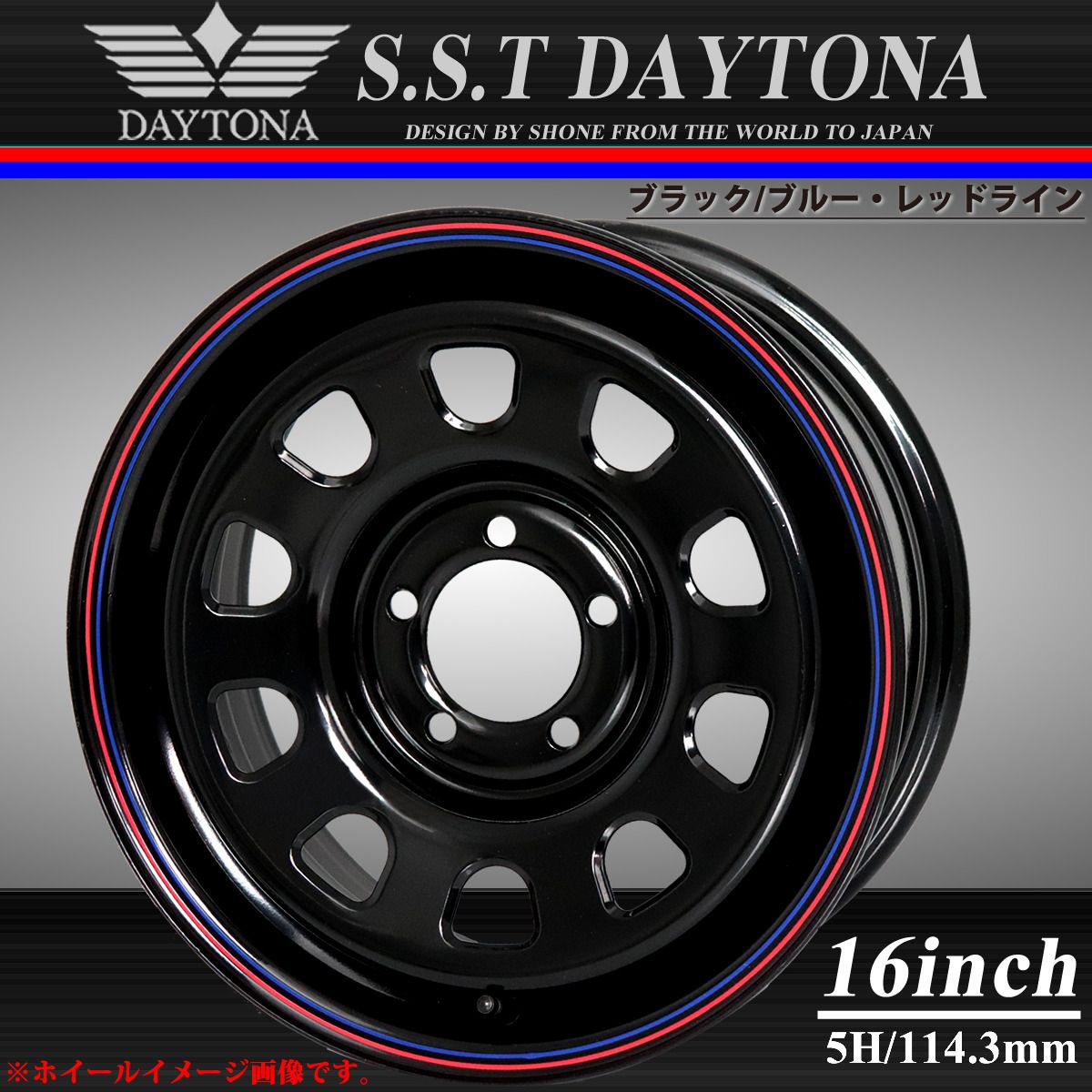 会社宛 4本価格 16×7J 5穴 114.3mm 35 ハブ84mm SHONE SST DAYTONA デイトナブラック 赤青ライン デリカD5 NO SH401
