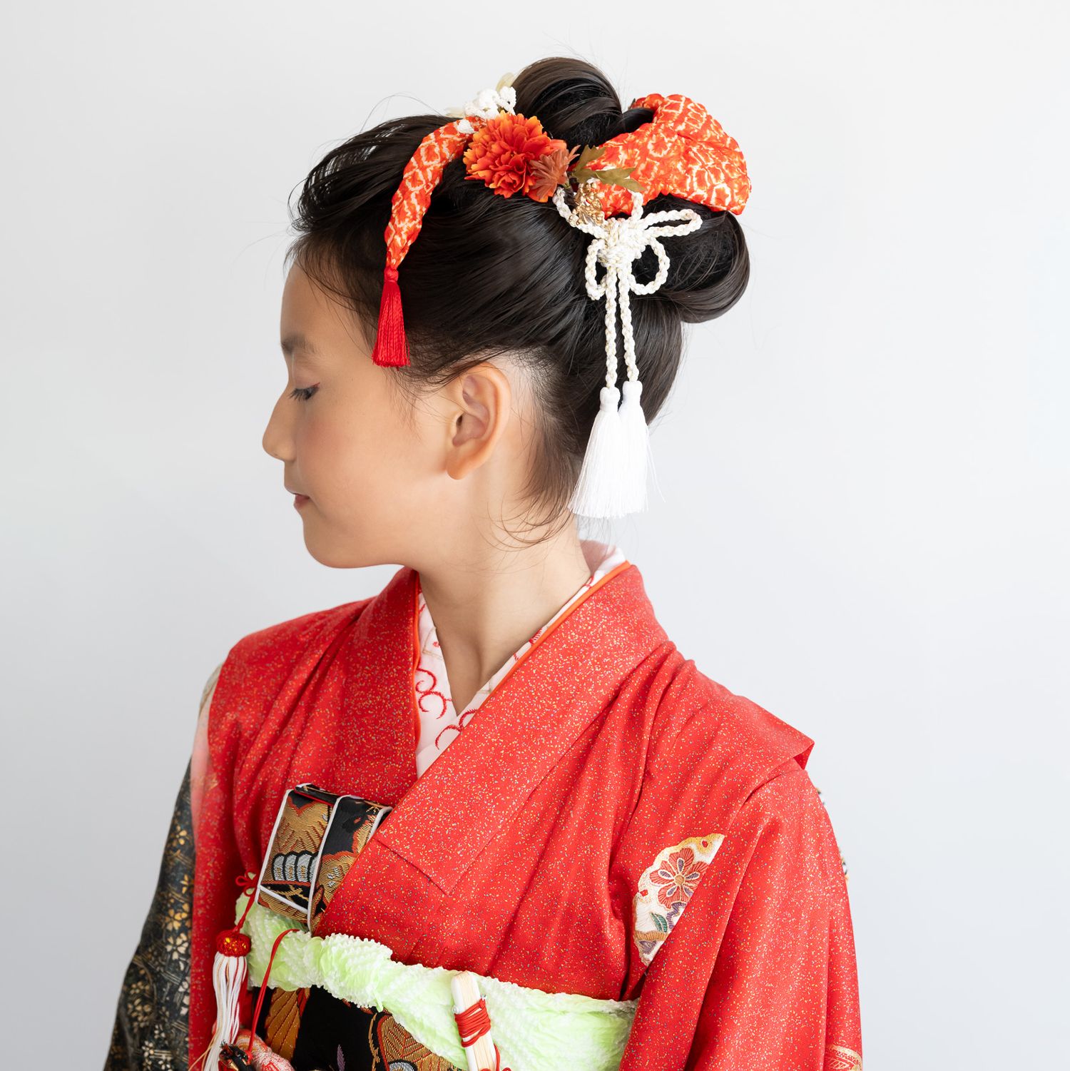 七五三7歳日本髪/ハーフ成人式振袖髪飾り赤A】ヘッドドレス＆水引き赤